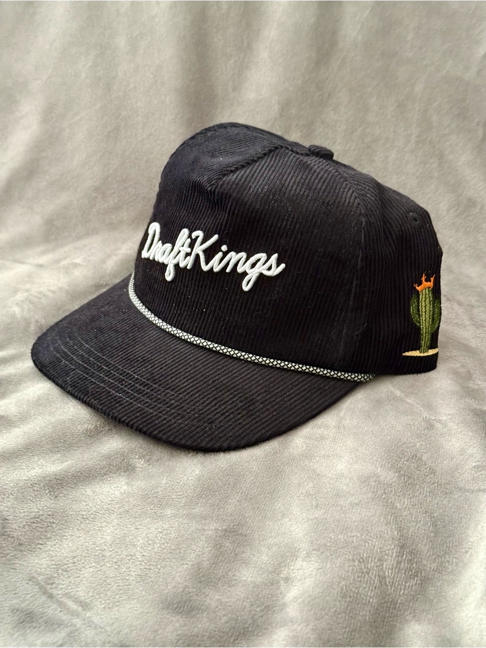Draft Kings Black Corduroy Baseball Golf Cap with Embroidered Cactus